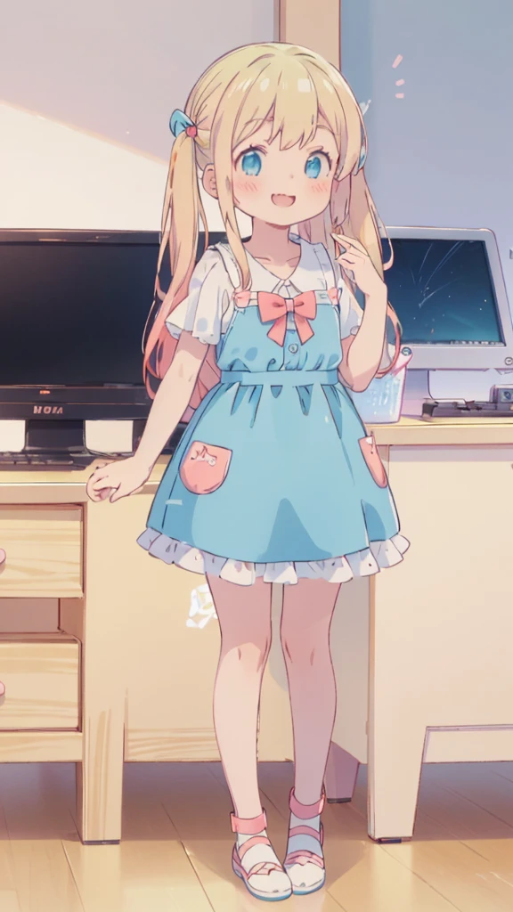 ((masterpiece))((Highest quality))girl、smile、blush、Flat Chest、Are thin、Blonde Hair、blush、Are standing、Whole body image、Eye level to the feet、front、No background、真frontのアングル、Blue clothes、Two-tone red and blue hair、Twin tails、Red Alice outfit