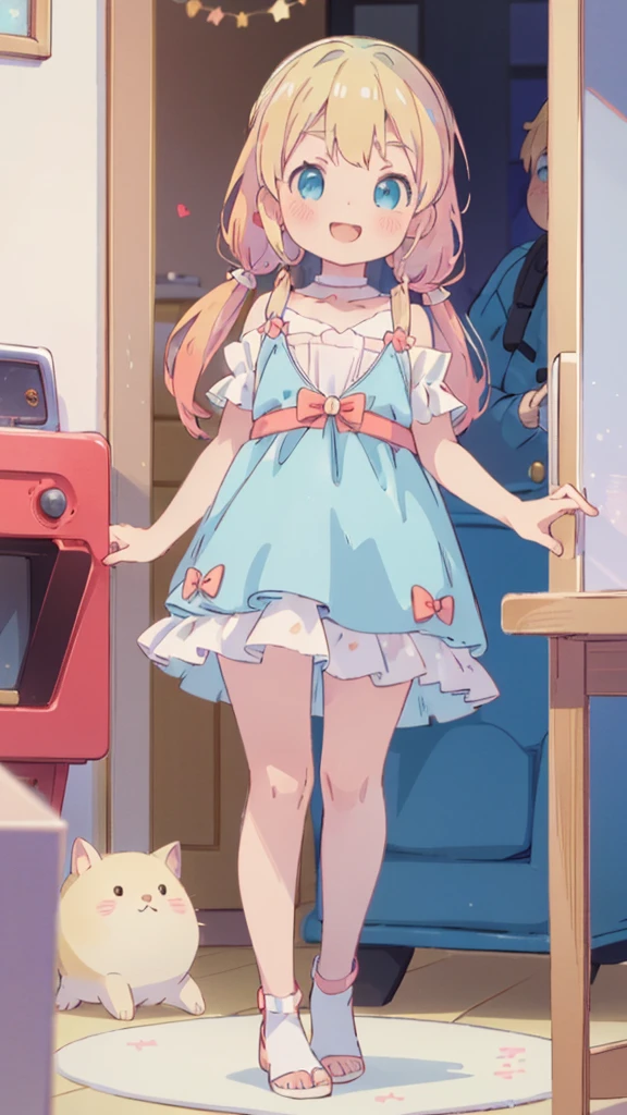 ((masterpiece))((Highest quality))girl、smile、blush、Flat Chest、Are thin、Blonde Hair、blush、Are standing、Whole body image、Eye level to the feet、front、No background、真frontのアングル、Blue clothes、Two-tone red and blue hair、Twin tails、Red Alice outfit
