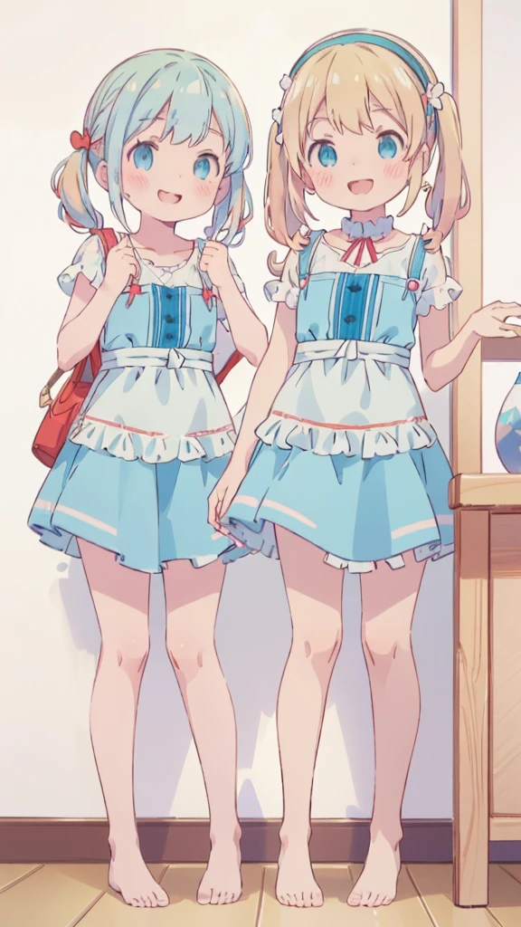 ((masterpiece))((Highest quality))girl、Smirk、blush、Flat Chest、Are thin、Blonde Hair、blush、Are standing、Whole body image、Eye level to the feet、、No background、Blue clothes、Hair is two colors、Twin tails、Red Eyes、Look back、Two-tone red and yellow hair