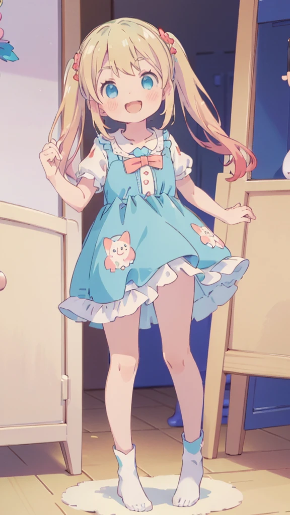 ((masterpiece))((Highest quality))girl、smile、blush、Flat Chest、Are thin、Blonde Hair、blush、Are standing、Whole body image、Eye level to the feet、front、No background、真frontのアングル、Blue clothes、Two-tone red and blue hair、Twin tails、Red Alice outfit