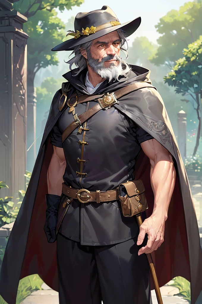 (((masterpiece; best quality: 1.2))), (finely detailed eyes: 1.3), (70 year old man), (solo), (yellow eyes: 1.4), (body; old, fit, masculine: 1.3), (grey hair and beard: 1.3), (beautiful and clear background: 1.2), ((depth of field)), (equipment: wanderer traveler clothing + long dark robe + dark pants + wide-brimmed hat + gloves + cape + belt + pouches: 1.3), (anime illustration: 1.2), (background composition; royal garden: 1.1), (extremely fine and beautiful: 1.1), (shot composition; standing + centered on torso + close-up: 1.5), (expression; calm, smile: 1.2)