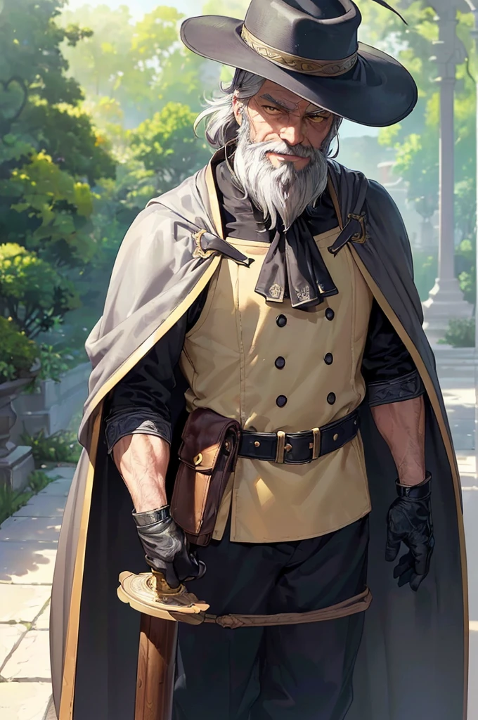 (((masterpiece; best quality: 1.2))), (finely detailed eyes: 1.3), (70 year old man), (solo), (yellow eyes: 1.4), (body; old, fit, masculine: 1.3), (grey hair and beard: 1.3), (beautiful and clear background: 1.2), ((depth of field)), (equipment: wanderer traveler clothing + long dark robe + dark pants + wide-brimmed hat + gloves + cape + belt + pouches: 1.3), (anime illustration: 1.2), (background composition; royal garden: 1.1), (extremely fine and beautiful: 1.1), (shot composition; standing + centered on torso + close-up: 1.5), (expression; calm, smile: 1.2)