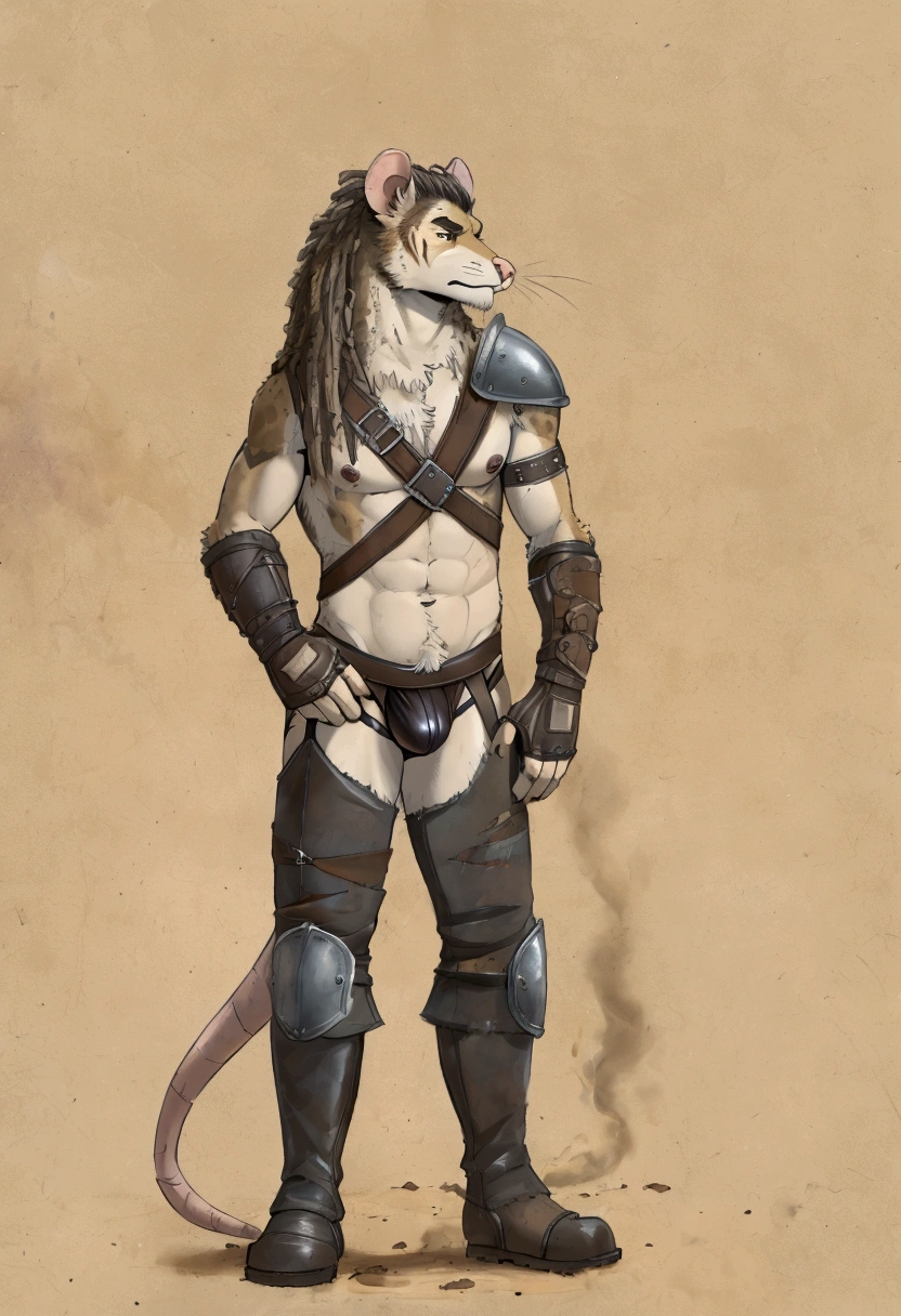 Solo Sexy young anthro furry rat male mercenary medieval solider, slim slim muscular, anthro handsome gay shorter muzzle, handsome gay model male apperance, sword scars, worn out leather skimpy armament, low on hips heavy leather belt, old very worn out skimpy dirty linen material jockstrap, old yellow dirty worn out stains on white sawn jockstrap, very visible "x" brown seam pattern on the jockstrap, studded skimpy armlets breastplate armor, skimpy breastplate, leather bondages, fingerless leather gloves, smelly unwashed furr, dirty body look, desert battlefield, standing in sexy fighting position, close view of full character