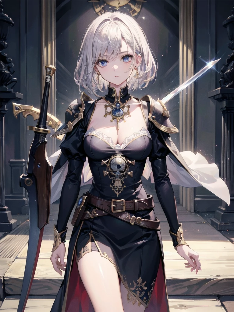 full body, (bloody huge axe), sickly, black dress, face veil, mansion, hall, absurdres, RAW photo, extremely delicate and beautiful, masterpiece, Best Quality, ultra high resolution, 32k, hyperrealistic, ultra-detailed description, pale skin, 20 years old, detailed beautiful face and eyes, tearful mole, earring, Colossal tits, short medium wavy hair,