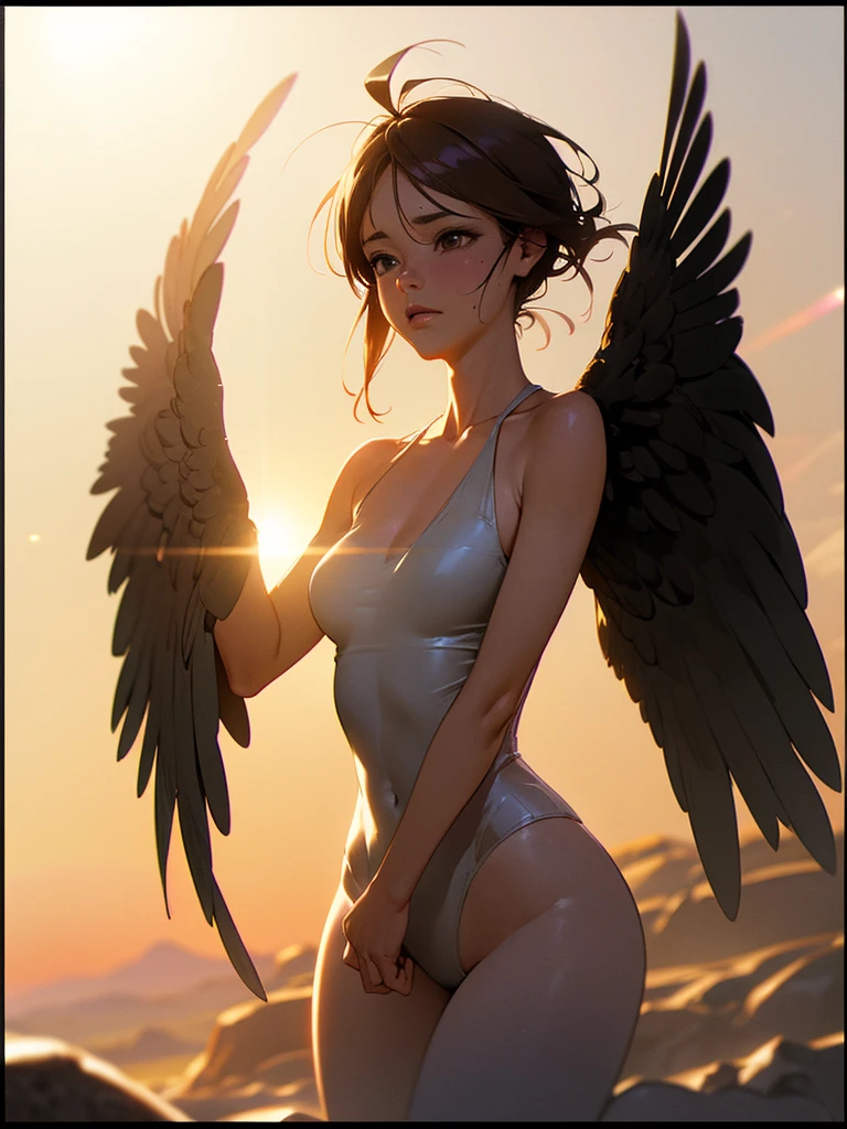 (Sumilux f1.4 24mm , low Latitude old color negative film , cross process , bokeh, flare, chromatic aberration , soft focus, (Shallow focus) , soft glow , Maximum aperture, High Key , Transparent depiction) , Wide angle , anime Harpy girl , round face , skinny body , Loose-fitting Halter neck , Many feathers fluttering down , clothed erotica , Opera singer pose , on the The peak of the rock , Strong winds , Cloaca