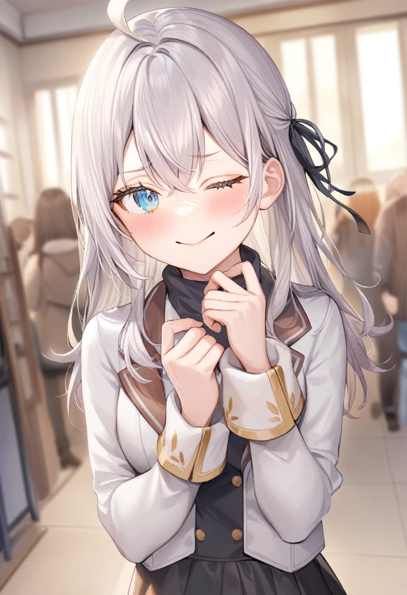 One girl, Alisa Mikhailovna Kujo,Tomorrow, my friend, Arya-san, will be visiting Russia.,alone, Long Hair, Eyebrows visible through hair, Hair between the eyes, Silver Hair, Hair Ribbon, blue eyes, Medium chest, ,Long sleeve, Jacket,
View your viewers, Upper Body, Dutch Angle,Mouth closed, Close one eye, A light smile,
Highest quality, so beautiful, Absurd,