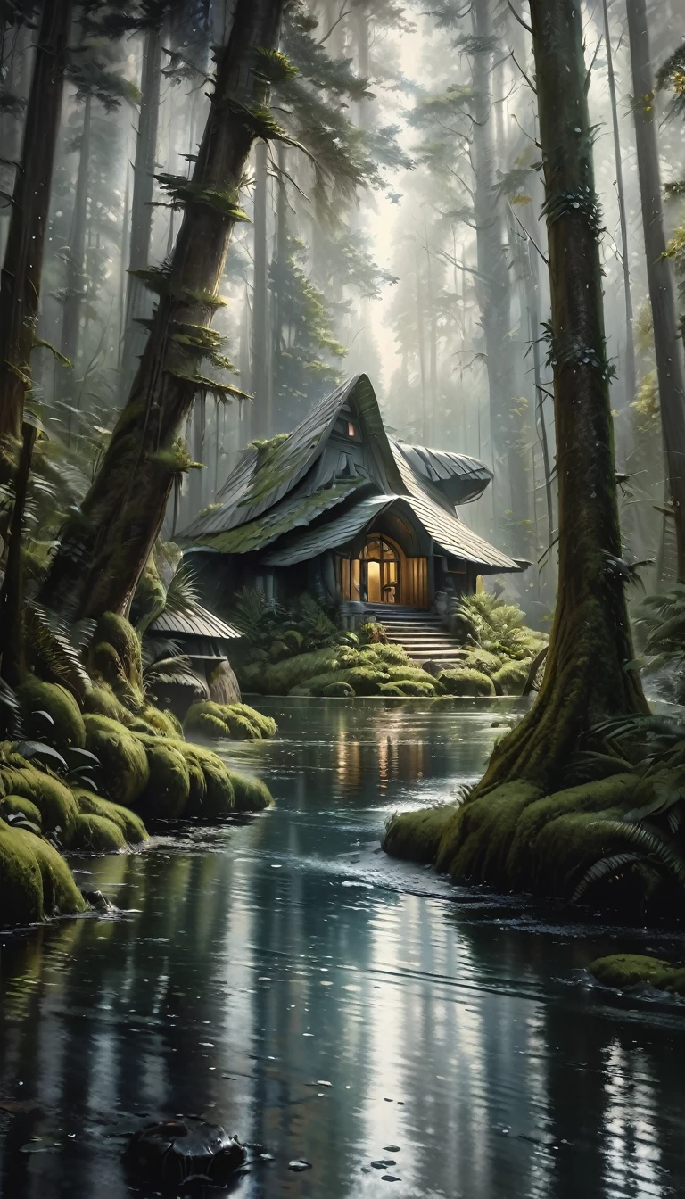 A futuristic stone house nestled in a lush forest, surrounded by a serene lake, as raindrops gently fall from the sky, (best quality,4k,8k,highres,masterpiece:1.2),ultra-detailed,(realistic,photorealistic,photo-realistic:1.37),landscape,oil painting,muted colors,moody lighting,dramatic shadows,Bill Sienkiewicz,fantasy,enchanted,magical,mystical,ethereal,atmospheric,tranquil,serene,overcast sky,dense foliage,reflections,moss-covered,