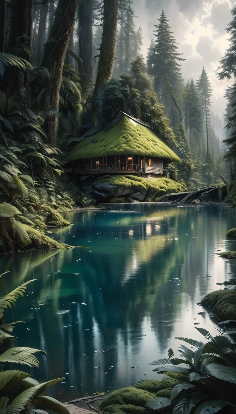 A futuristic stone house nestled in a lush forest, surrounded by a serene lake, as raindrops gently fall from the sky, (best quality,4k,8k,highres,masterpiece:1.2),ultra-detailed,(realistic,photorealistic,photo-realistic:1.37),landscape,oil painting,muted colors,moody lighting,dramatic shadows,Bill Sienkiewicz,fantasy,enchanted,magical,mystical,ethereal,atmospheric,tranquil,serene,overcast sky,dense foliage,reflections,moss-covered,