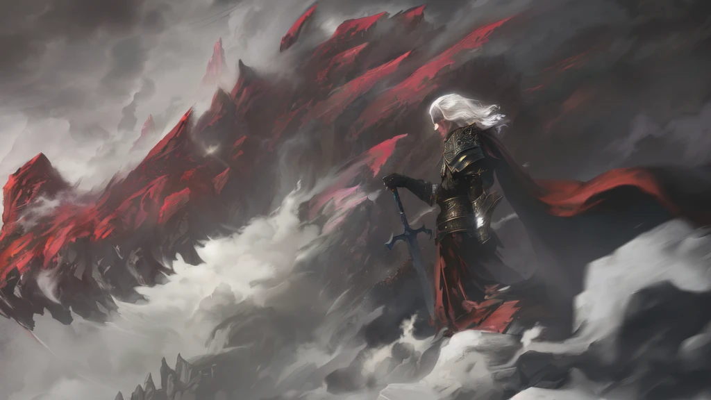 There is a man standing on the mountain with a sword, Ominous fantasy illustration, Epic fantasy digital art style, dark fantasy style art, epic fantasy art style, epic fantasy illustration, Abaddon and Margaret Villeneuve, epic fantasy art portrait, Epic Fantasy Artwork, Godrays digital painting, d & d fantasy digital painting, epic fantasy painting