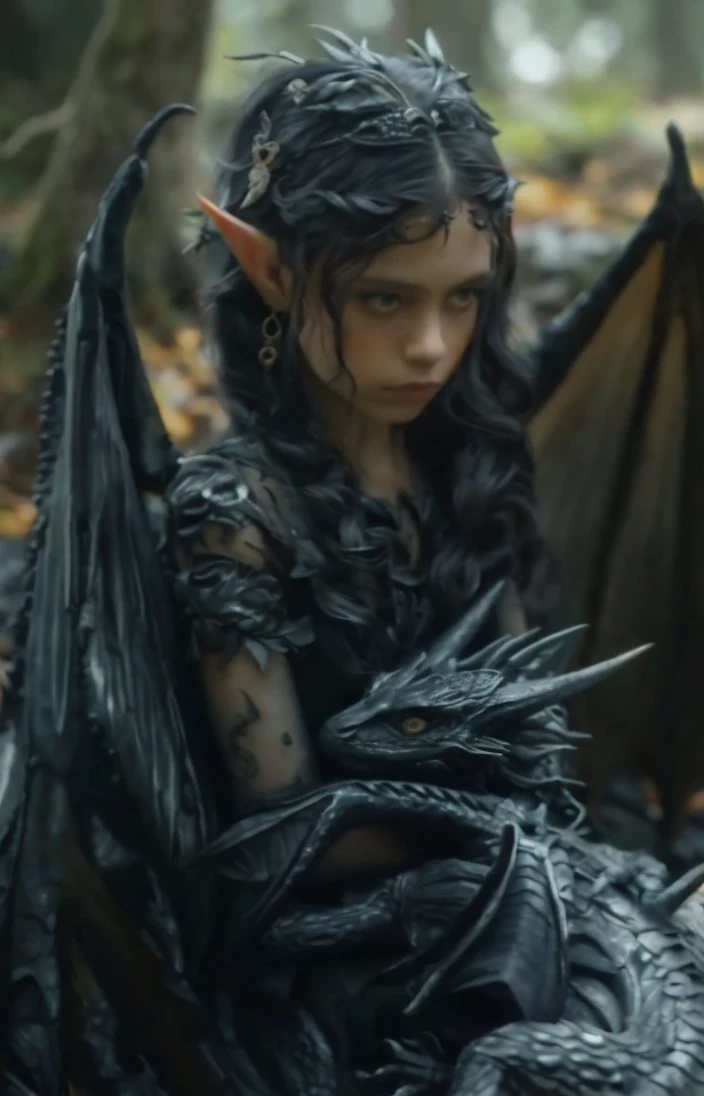 A young elf girl with pointed ears and long, wavy dark hair, wearing an intricate, dark, and magical outfit, sitting in a forest with a small, black dragon in her lap. The scene is mystical and slightly eerie, with the girl and dragon sharing an intense, almost otherworldly connection. The background includes blurred forest elements to enhance the focus on the characters.