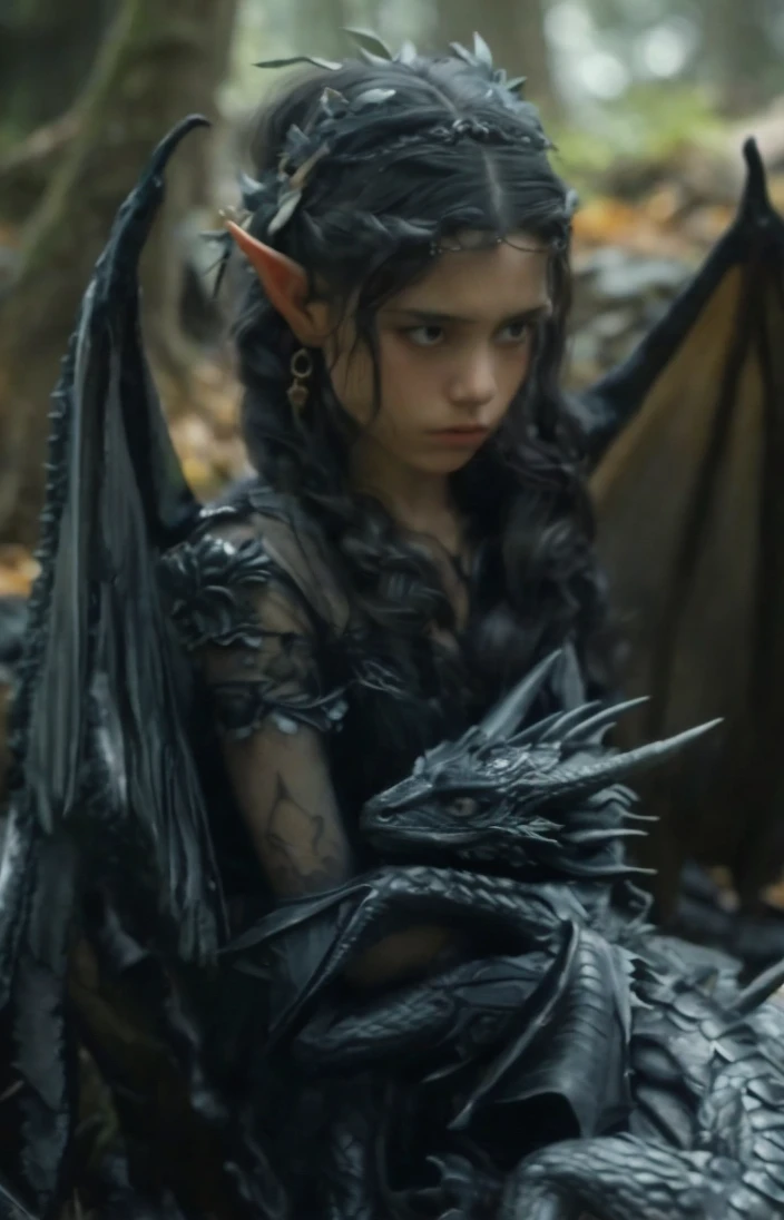 A young elf girl with pointed ears and long, wavy dark hair, wearing an intricate, dark, and magical outfit, sitting in a forest with a small, black dragon in her lap. The scene is mystical and slightly eerie, with the girl and dragon sharing an intense, almost otherworldly connection. The background includes blurred forest elements to enhance the focus on the characters.