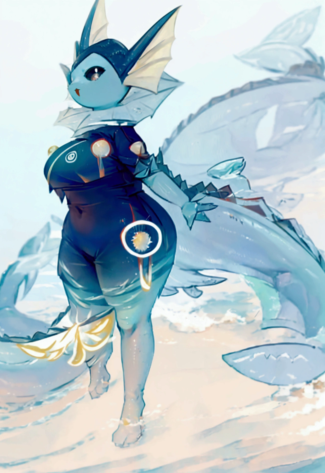 Vaporeon from Pokemon with human body, massive breasts, really tight and short lifeguard suit and very sexy 