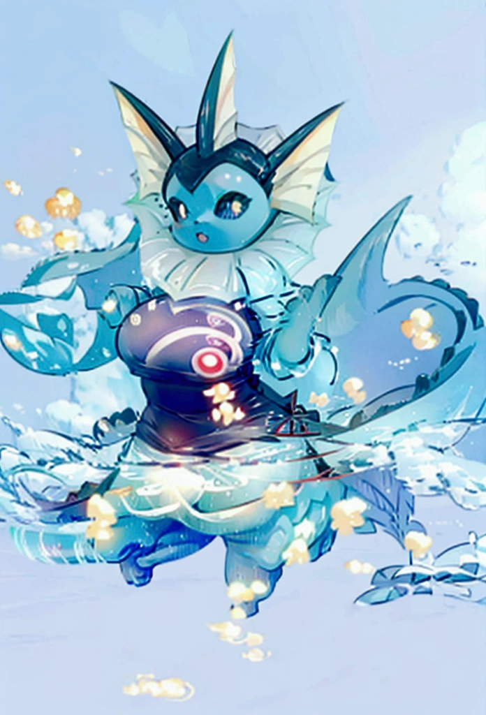 Vaporeon from Pokemon with human body, massive breasts, really tight and short lifeguard suit and very sexy 