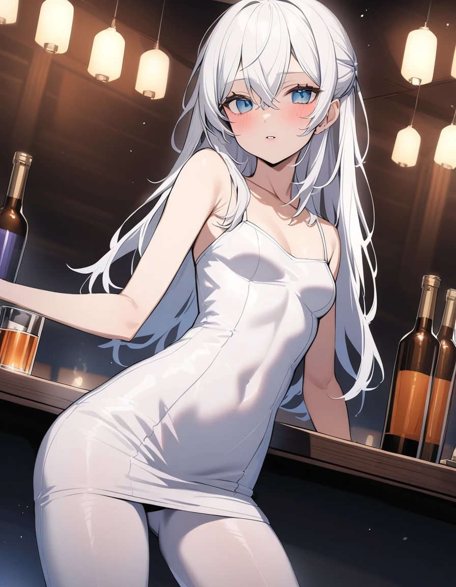 15 year old beauty, prostitute, snow-white hair, beautiful eyes, tight dress, in club, A slim body