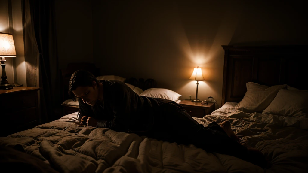 husband possessed by the devil in his dark, dimly lit bedroom, wife worried and afraid ultra high quality image. 