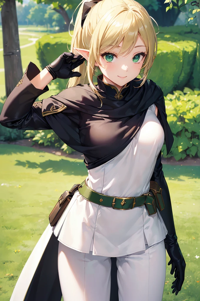(((masterpiece; best quality: 1.2))), (finely detailed eyes: 1.3), (25 year old elf woman), (solo), (green eyes: 1.4), (body; buxom, fit, femenine: 1.3), (silky blonde hair in low ponytail: 1.3), (beautiful and clear background: 1.2), ((depth of field)), (equipment: adventurer attire + modest + long white tunic + black cape + black pants + gloves + belt + pouches: 1.3), (anime illustration: 1.2), (background composition; royal garden: 1.1), (extremely fine and beautiful: 1.1), (shot composition; standing + centered on torso + close-up: 1.5), (expression; calm, smile: 1.2)