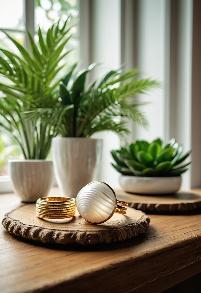 A beautiful white exotic shell shop, rings and earrings displayed on a wooden table with lush green plants, set against a large window with natural lighting, (best quality,4k,8k,highres,masterpiece:1.2),ultra-detailed,(realistic,photorealistic,photo-realistic:1.37),detailed jewelry, highly detailed plants, detailed wood texture, dramatic studio lighting, natural lighting, warm color tones, soft focus, elegant, luxury