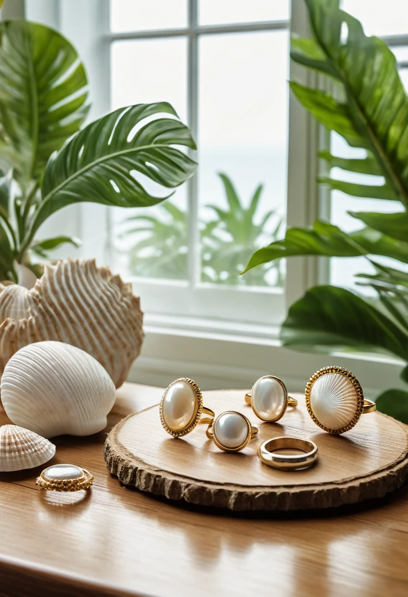 A beautiful white exotic shell shop, rings and earrings displayed on a wooden table with lush green plants, set against a large window with natural lighting, (best quality,4k,8k,highres,masterpiece:1.2),ultra-detailed,(realistic,photorealistic,photo-realistic:1.37),detailed jewelry, highly detailed plants, detailed wood texture, dramatic studio lighting, natural lighting, warm color tones, soft focus, elegant, luxury