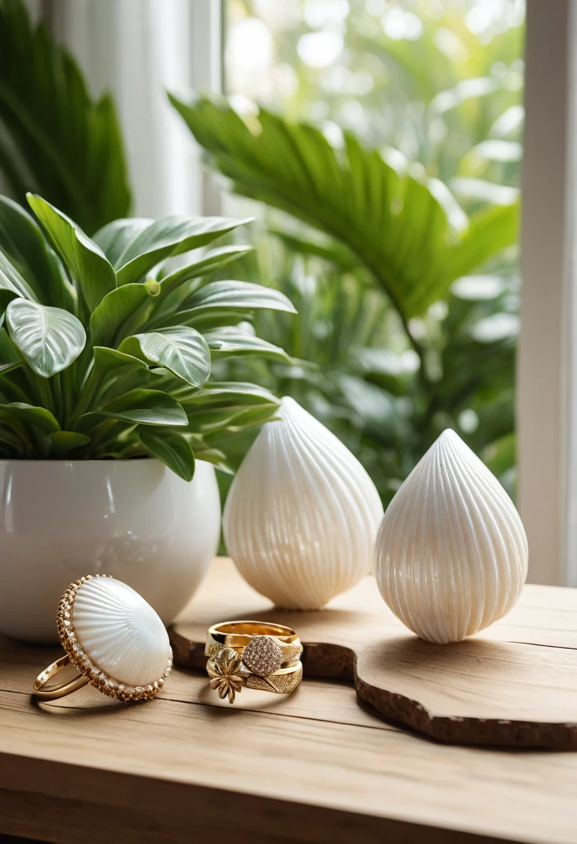 A beautiful white exotic shell shop, rings and earrings displayed on a wooden table with lush green plants, set against a large window with natural lighting, (best quality,4k,8k,highres,masterpiece:1.2),ultra-detailed,(realistic,photorealistic,photo-realistic:1.37),detailed jewelry, highly detailed plants, detailed wood texture, dramatic studio lighting, natural lighting, warm color tones, soft focus, elegant, luxury