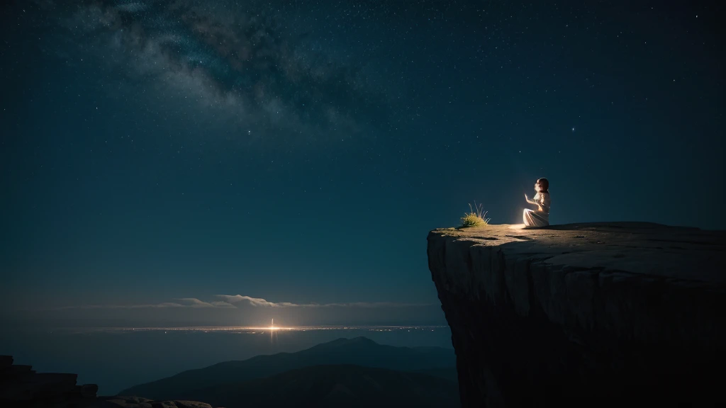 Person meditating on top of a cliff, on a moonlit night. cinematic lighting