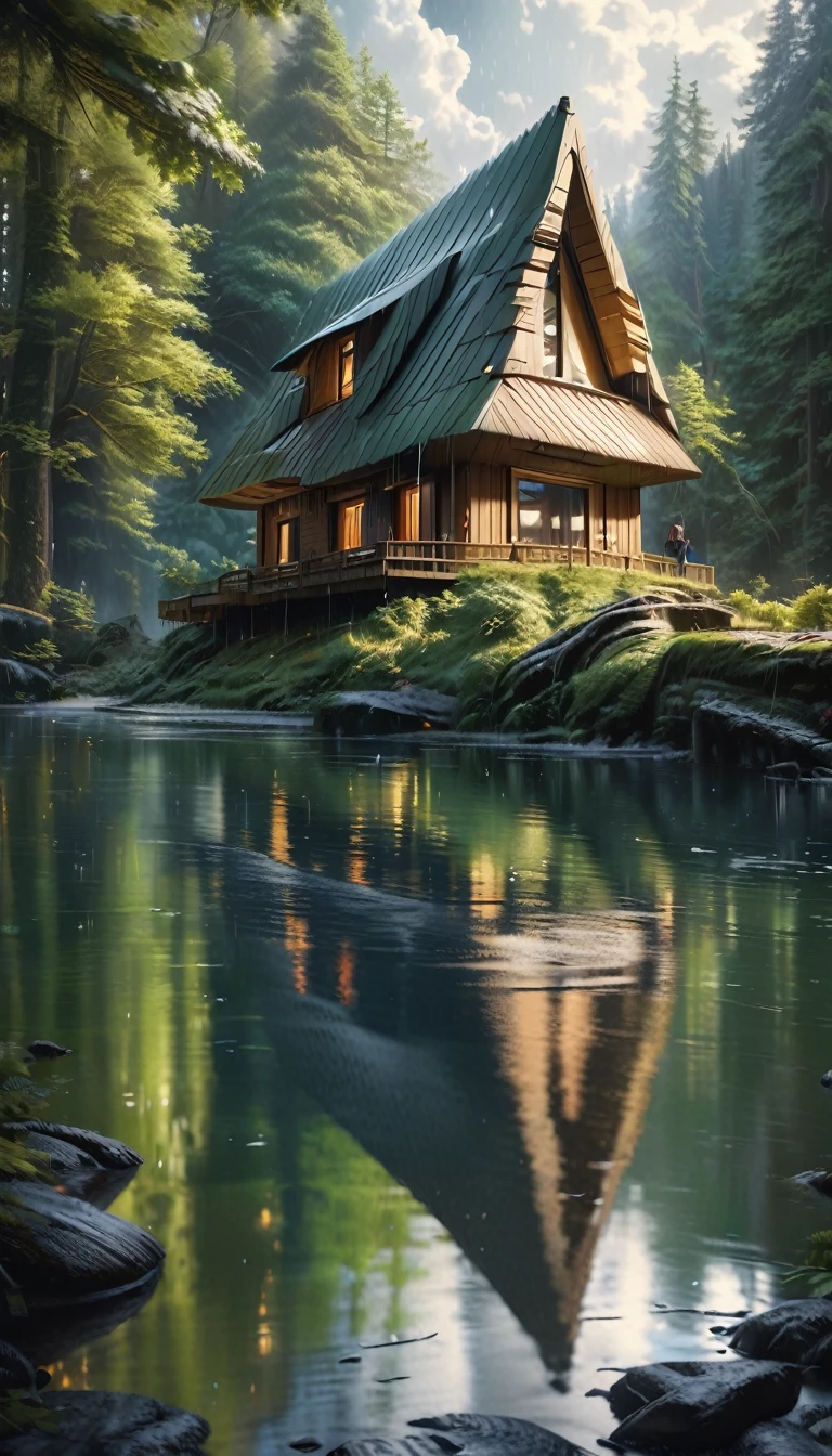 a fantastic magical futuristic stone house in a forest by a lake with rain, (best quality,4k,8k,highres,masterpiece:1.2),ultra-detailed,(realistic,photorealistic,photo-realistic:1.37),oil painting,moody atmosphere,dramatic lighting,lush greenery,cloudy sky,calming lake,reflections,mist,atmospheric,cinematic,Bill Sienkiewicz,vivid colors,dramatic