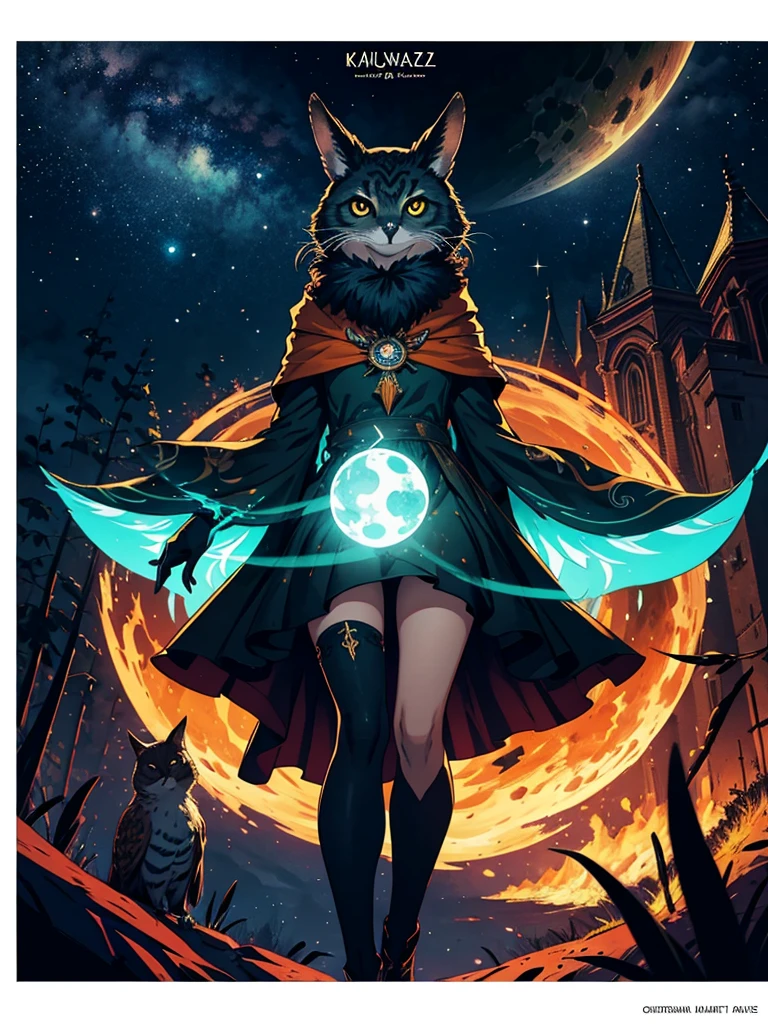**Poster Description for "Waldkauz Spirits"**

---

**Top Part of the Poster:**

- **Background Color:** Black
- **Image:** Stylized Owl
  - **Details:** Vaguely visible eyes, beak, and outline of the facial shape
  - **Color Theme:** Warm red-orange

---

**Title:**

- **Text:** Waldkauz Spirits
  - **Font:** Antiqua Bold
  - **Color:** Warm red-orange (same color theme as the owl)
  - **Position:** The title should be fully readable and clearly visible.

---

**Below the Title:**

- **Text:** Absinthe aus dem Tal
  - **Font:** Antiqua Bold
  - **Color:** Vibrant pine green

---

**Below the Text:**

- **Image:** Comic of a cat with a rainbow tail
  - **Background:** Many stars
  - **Edge:** Vaguely visible dark green gas planet (single planet, no artifacts at the edge)
  - **Transition:** The area below the text "Absinthe aus dem Tal" should fade into the black background towards the edges, while the planet and the cat with the tail remain visible.

---

**Mood of the Poster:**

- **Majestic and powerful**

---

This poster represents an impressive composition that creates a majestic and powerful mood through the interplay of colors and motifs. The combination of the stylized owl, striking fonts, and the colorful comic element makes it unique and appealing. The title "Waldkauz Spirits" remains fully readable, and there are no distracting artifacts at the bottom edge of the poster.