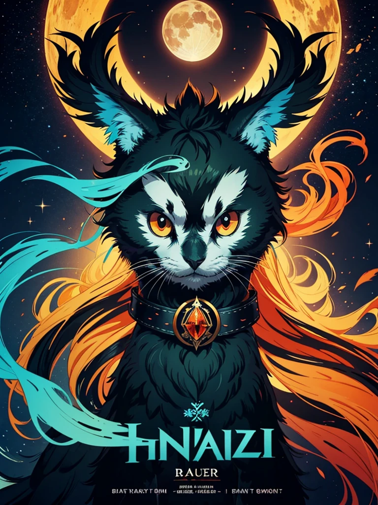 **Poster Description for "Waldkauz Spirits"**
---
**Top Part of the Poster:**
- **Background Color:** Black
- **Image:** Stylized Owl
- **Details:** Vaguely visible eyes, beak, and outline of the facial shape
- **Color Theme:** Warm red-orange
---
**Title:**
- **Text:** Waldkauz Spirits
- **Font:** Antiqua Bold
- **Color:** Warm red-orange (same color theme as the owl)
- **Position:** The title should be fully readable and clearly visible.
---
**Below the Title:**
- **Text:** Absinthe aus dem Tal
- **Font:** Antiqua Bold
- **Color:** Vibrant pine green
---
**Below the Text:**
- **Image:** Comic of a cat with a rainbow tail
- **Background:** Many stars
- **Edge:** Vaguely visible dark green gas planet (single planet, no artifacts at the edge)
- **Transition:** The area below the text "Absinthe aus dem Tal" should fade into the black background towards the edges, while the planet and the cat with the tail remain visible.
---
**Mood of the Poster:**
- **Majestic and powerful**
---
This poster represents an impressive composition that creates a majestic and powerful mood through the interplay of colors and motifs. The combination of the stylized owl, striking fonts, and the colorful comic element makes it unique and appealing. The title "Waldkauz Spirits" remains fully readable, and there are no distracting artifacts at the bottom edge of the poster.