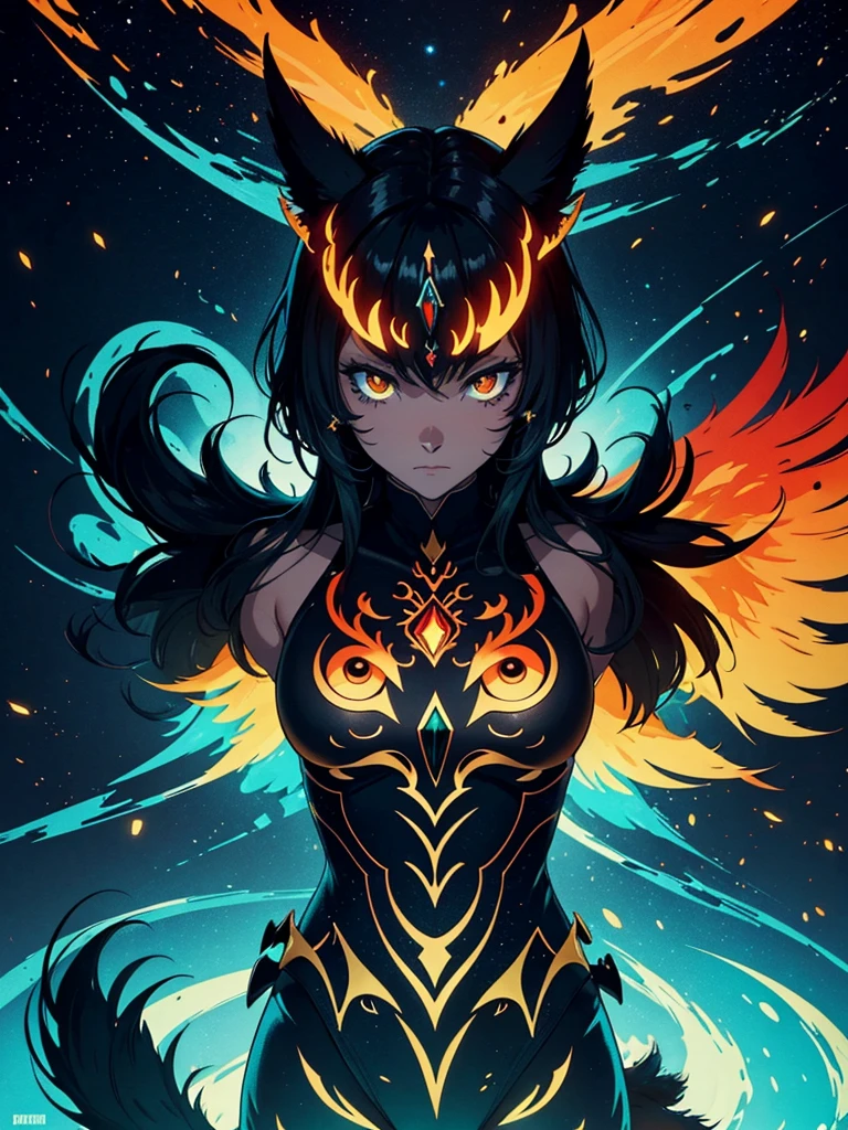 **Poster Description for "Waldkauz Spirits"**

---

**Top Part of the Poster:**

- **Background Color:** Black
- **Image:** Stylized Owl
  - **Details:** Vaguely visible eyes, beak, and outline of the facial shape
  - **Color Theme:** Warm red-orange

---

**Title:**

- **Text:** Waldkauz Spirits
  - **Font:** Antiqua Bold
  - **Color:** Warm red-orange (same color theme as the owl)
  - **Position:** The title should be fully readable and clearly visible.

---

**Below the Title:**

- **Text:** Absinthe aus dem Tal
  - **Font:** Antiqua Bold
  - **Color:** Vibrant pine green

---

**Below the Text:**

- **Image:** Comic of a cat with a rainbow tail
  - **Background:** Many stars
  - **Edge:** Vaguely visible dark green gas planet (single planet, no artifacts at the edge)
  - **Transition:** The area below the text "Absinthe aus dem Tal" should fade into the black background towards the edges, while the planet and the cat with the tail remain visible.

---

**Mood of the Poster:**

- **Majestic and powerful**

---

This poster represents an impressive composition that creates a majestic and powerful mood through the interplay of colors and motifs. The combination of the stylized owl, striking fonts, and the colorful comic element makes it unique and appealing. The title "Waldkauz Spirits" remains fully readable, and there are no distracting artifacts at the bottom edge of the poster.