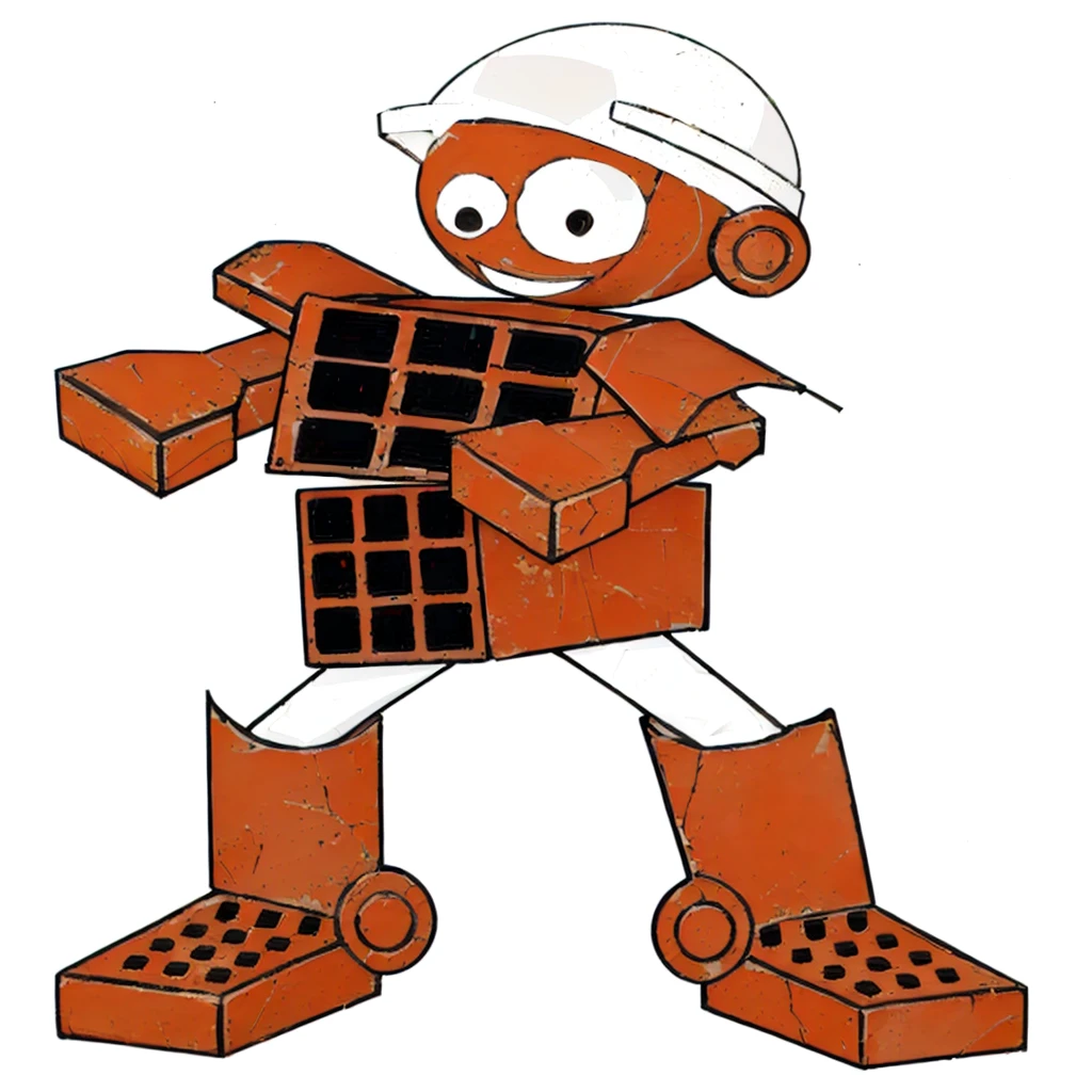 a robot smiles with a spherical head made of bricks, round ears, with white construction helmet, The arms are made of cobblestone bricks each., shoulders made of colonial tiles, The body is made with two bricks with 9 holes in a perpendicular position., the chest showing the 9 holes and the stomach brick with 9 holes on the side, legs made of 2 pvc pipes, calves made of colonial tiles, feet made of bricks with 12 holes