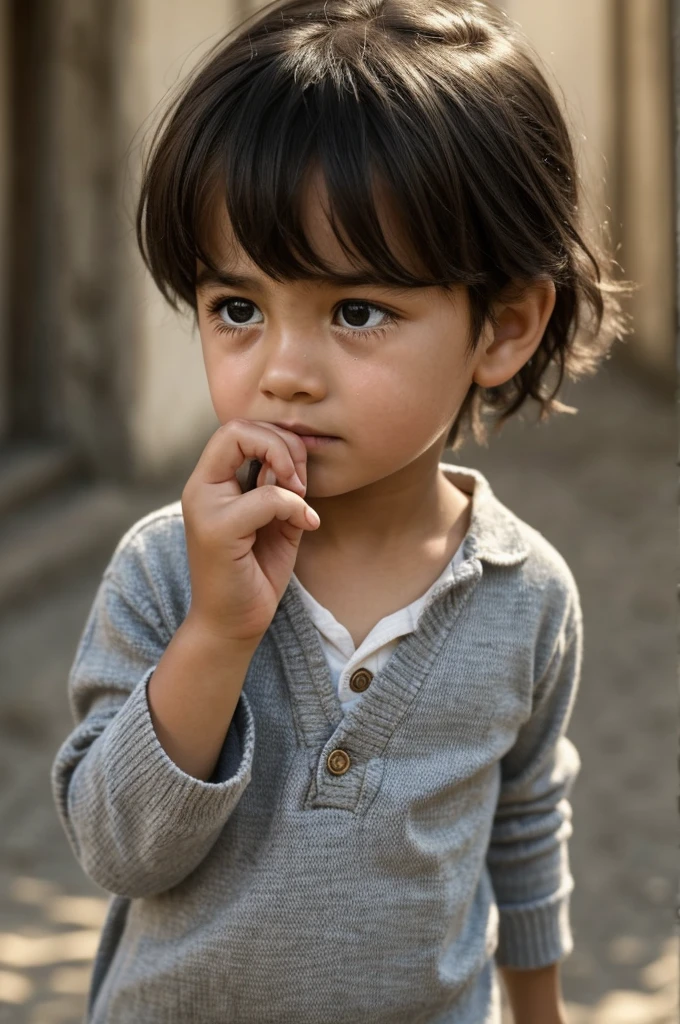 A girl looking ahead with tears and sad eyes, she has a thread on her little finger that she leads to the little finger of a boy who turns his back to her looking to his left side, He looks at her as he walks with the black thread on his little finger..thousand