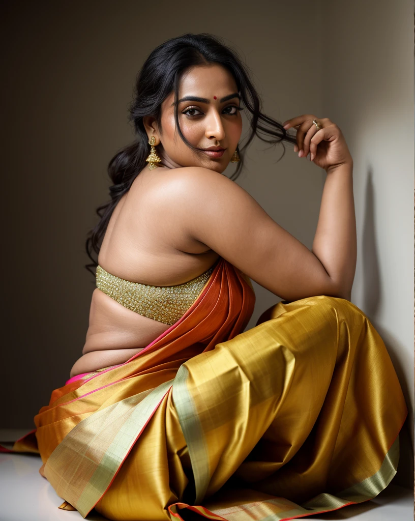 Foto RAW, photorealistic, photography, full body shot, master shot, perfect eyes, goddess like beauty, pierced eyes, perfect thick chubby mallu Desi aunty bhabhi, Wearing a Stanapatta, a chest-band.Saree model, model Photography, Indian saree shoot, Indian traditional wear advertising photography, traditional wear brand shoot, face of Indian actress Sonakshi Sinha, masterpiece, realistic, realism, incredible details, pleasure, photorealism, detailed skin, skin pores, high contrast, photorealistic Artstation 8k HD digital art trend of high definition and detailed realistic skin texture, ultra detail, realistic skin texture, armature, best quality, ultra high definition, (photorealistic:1.4),, high resolution, detail, raw photo, sweat, Re sharp, by Lee Jefferies Nikon D850 Film Stock Photo 4 Kodak Portra 400 Camera F1.6 Lens Rich Color Ultra Real Realistic Realistic Textures Dramatic Lighting Unreal Engine Trending at Art Station Cinestill 800,(pele altamente detalhada: 1.2), 8k UHD, DSLR, soft-lighting, alta qualidade, grain of film, Fujifilm XT3,she didn't like to wear blouse or bra, she is happy to wear only saree, she hates blouse or bra, detailed hairy armpits, hyper realistic skin, skin pores, sweat, veins, The open back looks attractive in a saree without a blouse, appealing figure, appealing body language,