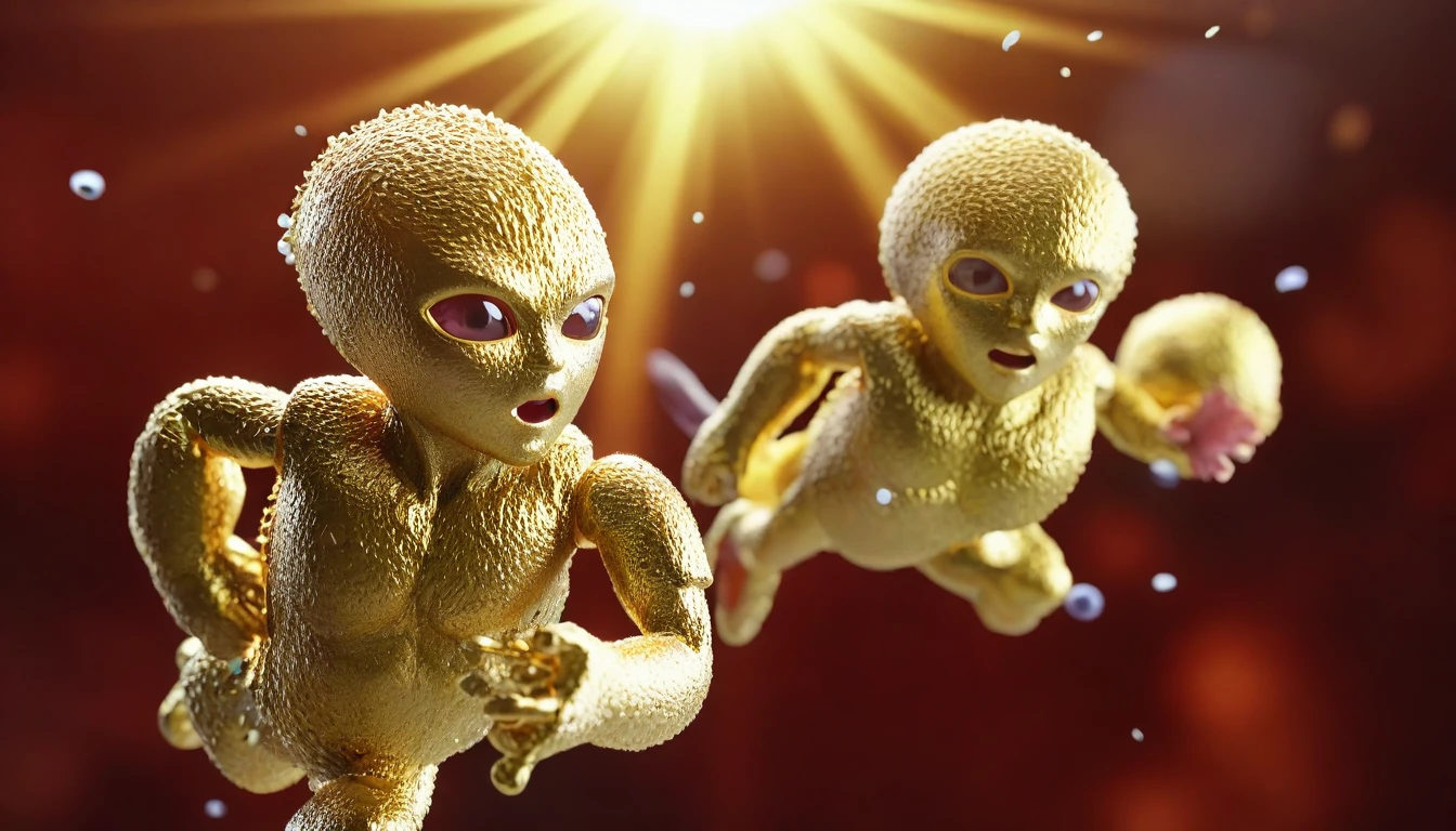Immune system cells personified as confused little warriors, attacking healthy cells. A golden light descends, reorienting the "warriors". Detailed microscopic style with fantasy elements, high definition, realistic style, cinematic style, soft colors. Photorealism style, high resolution, 8k