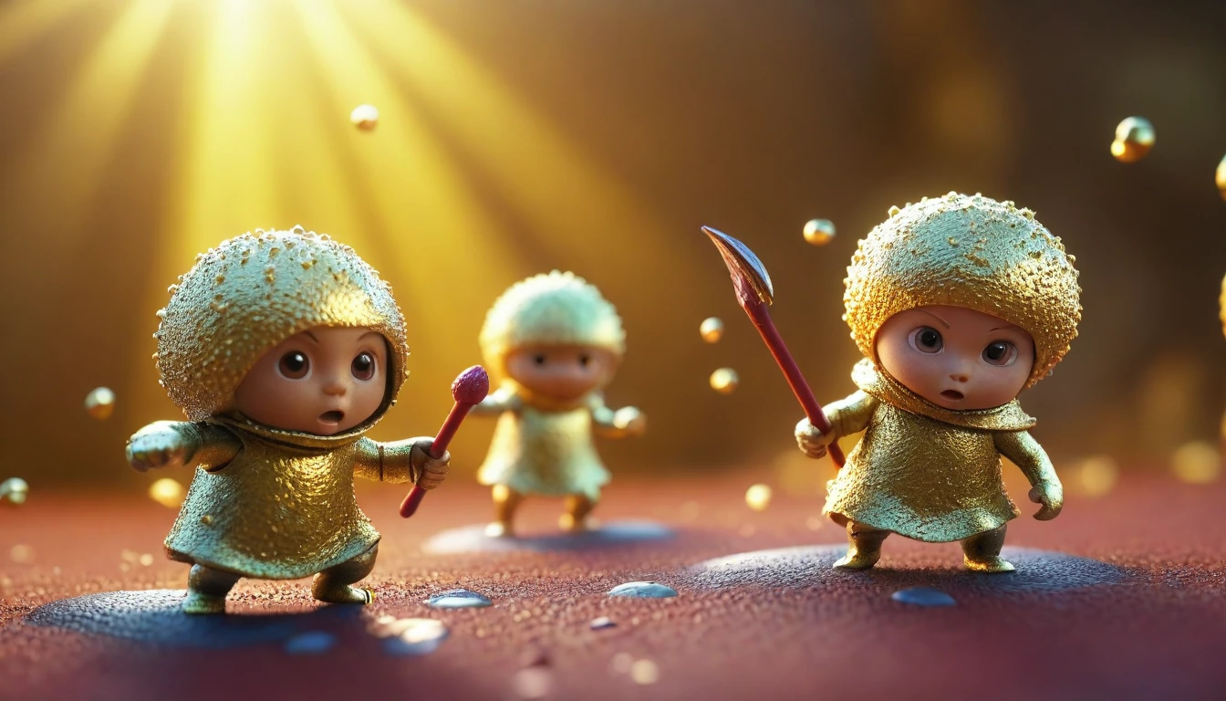 Immune system cells personified as confused little warriors, attacking healthy cells. A golden light descends, reorienting the "warriors". Detailed microscopic style with fantasy elements, high definition, realistic style, cinematic style, soft colors. Photorealism style, high resolution, 8k