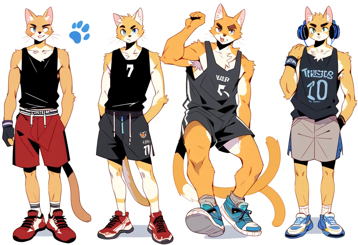 score_9, score_8_up, score_7_up, male, furry, high quality, hires, anthro, teenager, , domestic cat, basketball player, bright yellow fur, blue eyes, wide brown eyebrows, confidant expression, humanoid feet, slim body, prominent v-line, prominent abs, prominent legs, prominent forearm muscles, prominent knees, white background, treasure trail, armpit hair, furry legs, in various sexy poses, headphones, casual clothes, joggers, black tank top, shorts, jumping