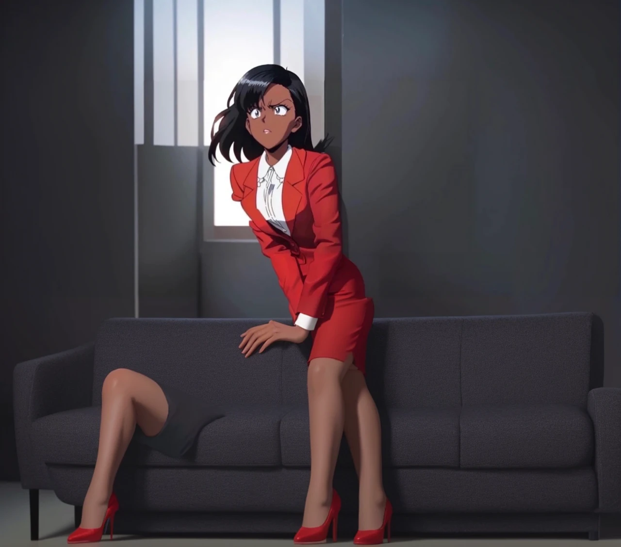 90s anime Evil black skinned business woman in a red suit and red skirt and red heels and long red sleeves