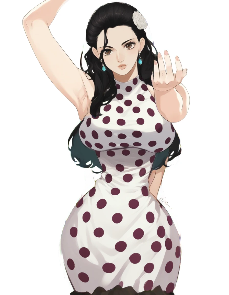 score_9, score_8_up, source_anime , polka dot dress, sleeveless dress, frilled dress, jewelry, curvy, large breasts