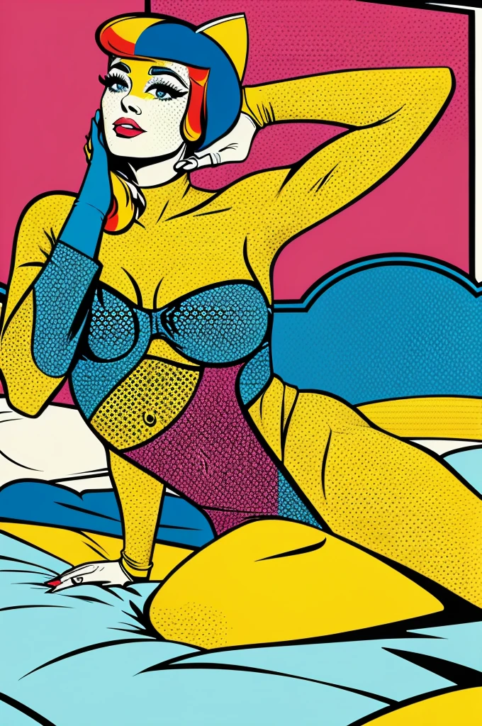 "An illustration of a woman on a bed, stretching like a cat in pop art style. The woman should have a relaxed and serene expression. The style should combine pop art elements with bold colors, dots, and exaggerated, expressive features. The scene should be simple and light, focusing on the woman's posture and action."