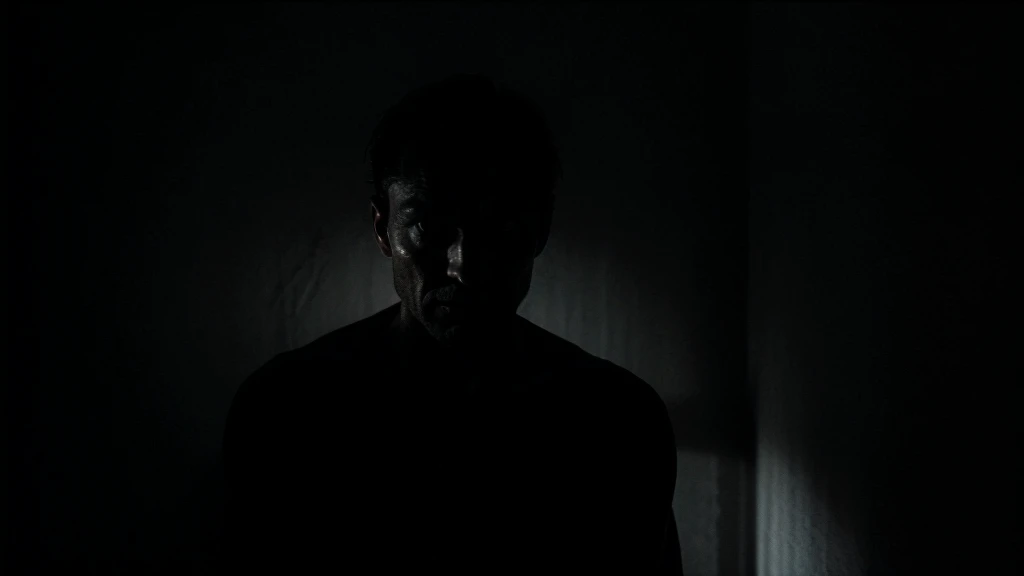 man possessed by the devil in his dark, dimly-lit room, with fear, ultra-sharp image. 