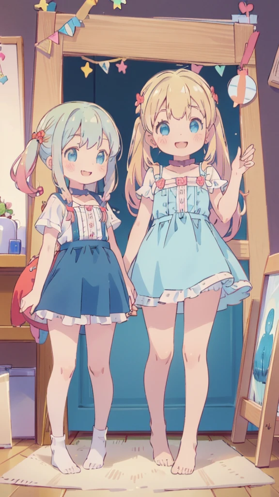 ((masterpiece))((Highest quality))girl、Smirk、blush、Flat Chest、Are thin、Blonde Hair、blush、Are standing、Whole body image、Eye level to the feet、、No background、Blue clothes、Hair is two colors、Twin tails、Red Alice outfit、Look back