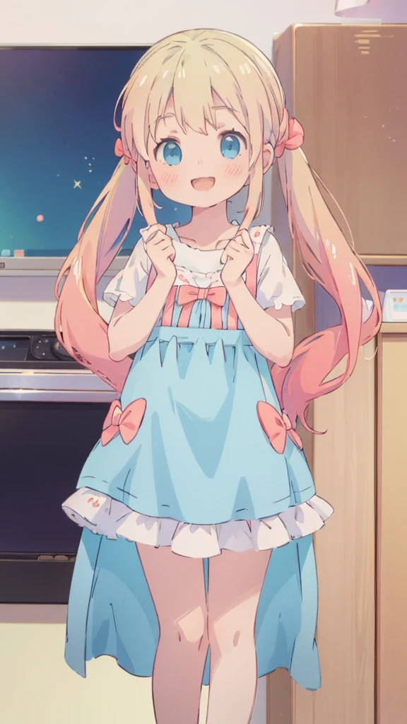((masterpiece))((Highest quality))girl、smile、blush、Flat Chest、Are thin、Blonde Hair、blush、Are standing、Whole body image、Eye level to the feet、front、No background、真frontのアングル、Blue clothes、Two-tone red and blue hair、Twin tails、Red Alice outfit