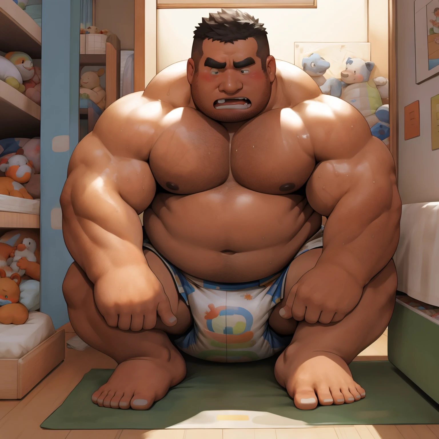 masterpiece, Top quality, in 32K, perfect anatomy, hyper detailed, super fine illustration, The thick man is a brutal prisoner, retarded, hairy human, 50yo in Japan, (fatness: 1.0), Fatty muscle, Bowleg, disappointment, incontinent, be diaper check by children, waddle, There is a small puddle under him, incontinent, Naked, short legs, Bowleg, spread legs, wear a White cloth Diaper, Bare belly, Bare legs, Bare foots, Bare soles, Shirtless, wide forehead and short thinning hair, Man with round face with stubble, Bare foots, Bare soles, shy, sissy, Weaker than children, Drool, Round face, steams, Solo, He enters nursery school and is despised by children, He surrounded by children, His bottom is wet, Bare foots, big butt, he is scolded by the children, White Diaper, He surrounded by children, sobbing, wear a White cloth Diaper, shirtless, There is a small puddle under him, He enters nursery school and is despised by children, big butt, sobbing, He crawling to go to children, on all fours, side view