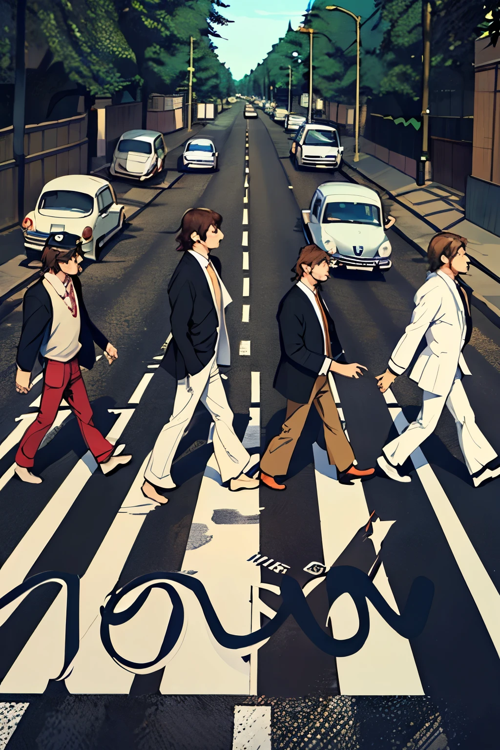 Four lackeys, Personification of the Beatles, same hairstyles and clothes, walking right on the Abbey Road zebra crossing, Abbey Road is the 11th album by British rock band The Beatles.