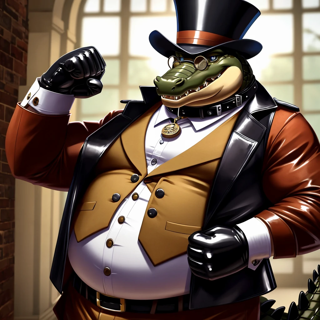 Solo, Male, fat, extremely obese, gentleman, dapper Professor Crocodile, blue eyes, (posing:1.3), (soft shading), 4k, hi res, ((detailed face, detailed)), looking at viewer, mouth wide open, steampunk, collared shirt with buttons, top hat, male focus, Explorer Outfit, glasses, monocle, vest with buttons, sleeves rolled up, round eyewear, brown headwear, brown vest, Crocodile is wearing a glossy leather dog collar around the neck, Crocodile is wearing the leather collar and shirt and vest at the same time, Crocodile is wearing glossy white rubber gloves on the hands, wearing white rubber gloves on the feet, gloves are rubber in texture, clenching teeth, clenching fists, leather collar is glossy and shiny with a lot of detail, Crocodile is wearing gloves and leather collar at the same time, leather collar has a round dog-tag, leather collar is thick and detailed, leather collar is glossy and shiny, fancy clothing, dapper vest, dapper shirt, leather collar is thick, glossy leather collar.