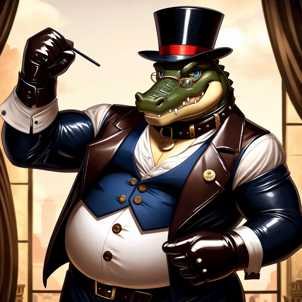 Solo, Male, fat, extremely obese, gentleman, dapper Professor Crocodile, blue eyes, (posing:1.3), (soft shading), 4k, hi res, ((detailed face, detailed)), looking at viewer, mouth wide open, steampunk, collared shirt with buttons, top hat, male focus, Explorer Outfit, glasses, monocle, vest with buttons, sleeves rolled up, round eyewear, brown headwear, brown vest, Crocodile is wearing a glossy leather dog collar around the neck, Crocodile is wearing the leather collar and shirt and vest at the same time, Crocodile is wearing glossy white rubber gloves on the hands, wearing white rubber gloves on the feet, gloves are rubber in texture, clenching teeth, clenching fists, leather collar is glossy and shiny with a lot of detail, Crocodile is wearing gloves and leather collar at the same time, leather collar has a round dog-tag, leather collar is thick and detailed, leather collar is glossy and shiny, fancy clothing, dapper vest, dapper shirt, leather collar is thick, glossy leather collar.