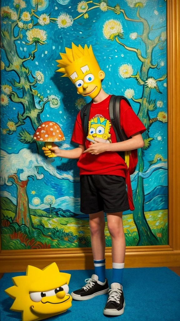 Teenager Bart Simpson is alone, high on medicinal cannabis, holding a magic mushroom inside a Van Gogh painting and Bart has red veins in the whites of his eyes. 