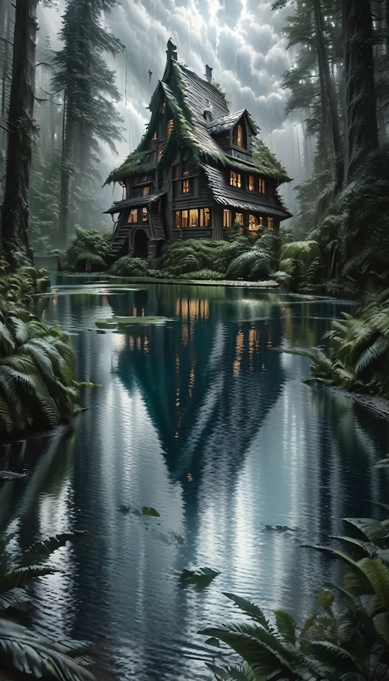 a fantasy stone house in a lake surrounded by a lush forest, rainy atmosphere, (best quality,4k,8k,highres,masterpiece:1.2),ultra-detailed,(realistic,photorealistic,photo-realistic:1.37),landscape, oil painting, Bill Sienkiewicz style, dramatic lighting, moody color palette, detailed foliage, reflections on the water, stormy clouds
