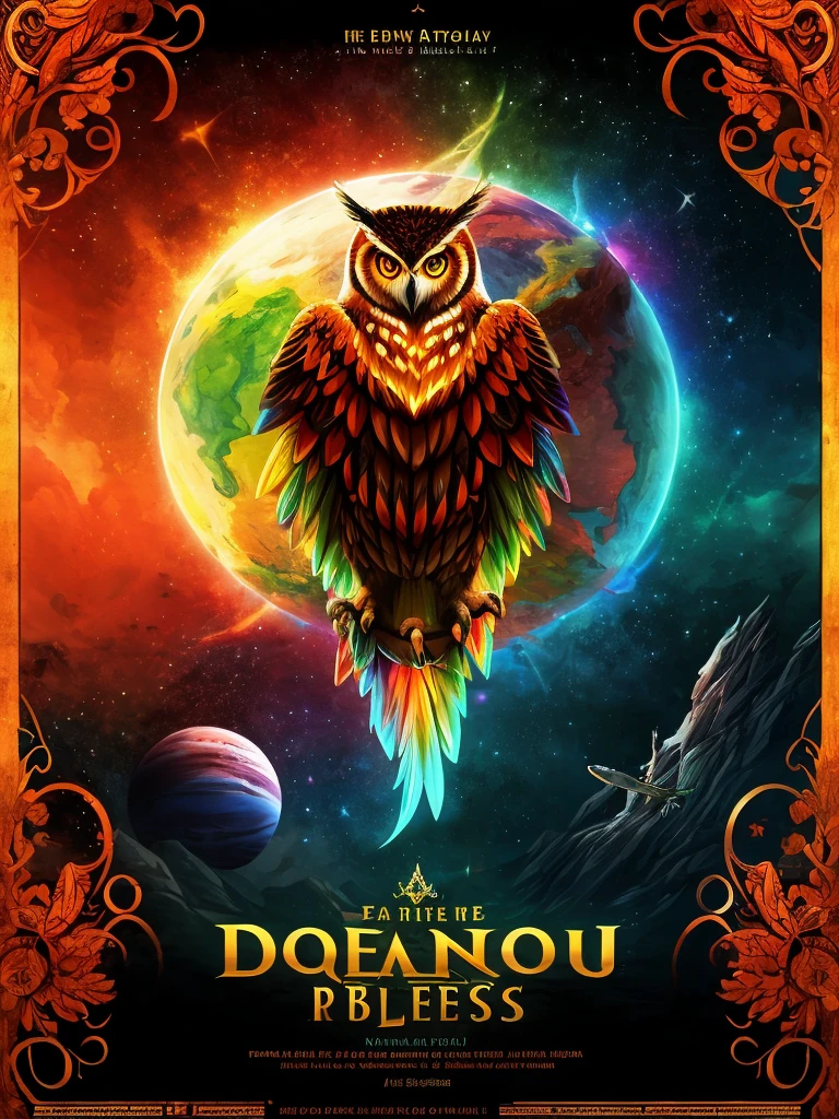**Poster Description for "Waldkauz Spirits"**

---

**Top Part of the Poster:**

- **Background Color:** Black
- **Image:** Stylized Owl
  - **Details:** Vaguely visible eyes, beak, and outline of the facial shape
  - **Color Theme:** Warm red-orange

---

**Title:**

- **Text:** Waldkauz Spirits
  - **Font:** Antiqua Bold
  - **Color:** Warm red-orange (same color theme as the owl)
  - **Position:** The title should be fully readable and clearly visible.

---

**Below the Title:**

- **Text:** Absinthe aus dem Tal
  - **Font:** Antiqua Bold
  - **Color:** Vibrant pine green

---

**Below the Text:**

- **Image:** Comic of a cat with a rainbow tail
  - **Background:** Many stars
  - **Edge:** Vaguely visible dark green gas planet (single planet, no artifacts at the edge)
  - **Transition:** The area below the text "Absinthe aus dem Tal" should fade into the black background towards the edges, while the planet and the cat with the tail remain visible.

---

**Mood of the Poster:**

- **Majestic and powerful**

---

This poster represents an impressive composition that creates a majestic and powerful mood through the interplay of colors and motifs. The combination of the stylized owl, striking fonts, and the colorful comic element makes it unique and appealing. The title "Waldkauz Spirits" remains fully readable, and there are no distracting artifacts at the bottom edge of the poster.