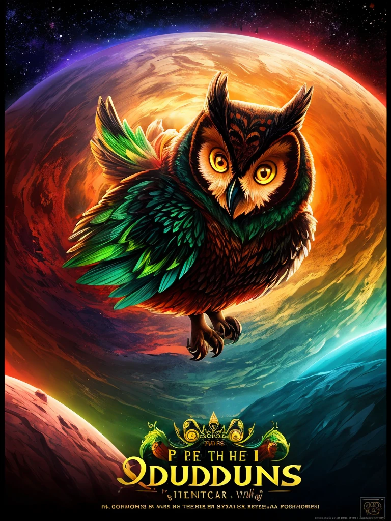 **Poster Description for "Waldkauz Spirits"**

---

**Top Part of the Poster:**

- **Background Color:** Black
- **Image:** Stylized Owl
  - **Details:** Vaguely visible eyes, beak, and outline of the facial shape
  - **Color Theme:** Warm red-orange

---

**Title:**

- **Text:** Waldkauz Spirits
  - **Font:** Antiqua Bold
  - **Color:** Warm red-orange (same color theme as the owl)
  - **Position:** The title should be fully readable and clearly visible.

---

**Below the Title:**

- **Text:** Absinthe aus dem Tal
  - **Font:** Antiqua Bold
  - **Color:** Vibrant pine green

---

**Below the Text:**

- **Image:** Comic of a cat with a rainbow tail
  - **Background:** Many stars
  - **Edge:** Vaguely visible dark green gas planet (single planet, no artifacts at the edge)
  - **Transition:** The area below the text "Absinthe aus dem Tal" should fade into the black background towards the edges, while the planet and the cat with the tail remain visible.

---

**Mood of the Poster:**

- **Majestic and powerful**

---

This poster represents an impressive composition that creates a majestic and powerful mood through the interplay of colors and motifs. The combination of the stylized owl, striking fonts, and the colorful comic element makes it unique and appealing. The title "Waldkauz Spirits" remains fully readable, and there are no distracting artifacts at the bottom edge of the poster.