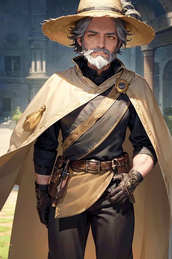(((masterpiece; best quality: 1.2))), (finely detailed eyes: 1.3), (70 year old man), (solo), (yellow eyes: 1.4), (body; old, fit, masculine: 1.3), (grey hair and beard: 1.3), (beautiful and clear background: 1.2), ((depth of field)), (equipment: wanderer traveler clothing + long dark tunic + dark pants + wide-brimmed hat + gloves + cape + belt + pouches: 1.3), (anime illustration: 1.2), (background composition; royal garden: 1.1), (extremely fine and beautiful: 1.1), (shot composition; standing + centered on torso + close-up: 1.???????pression; calm, smile: 1.2)