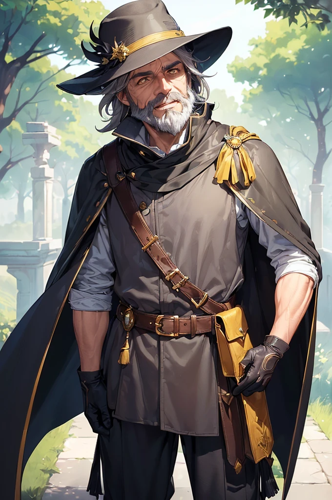 (((masterpiece; best quality: 1.2))), (finely detailed eyes: 1.3), (70 year old man), (solo), (yellow eyes: 1.4), (body; old, fit, masculine: 1.3), (grey hair and beard: 1.3), (beautiful and clear background: 1.2), ((depth of field)), (equipment: wanderer traveler clothing + long dark tunic + dark pants + wide-brimmed hat + gloves + cape + belt + pouches: 1.3), (anime illustration: 1.2), (background composition; royal garden: 1.1), (extremely fine and beautiful: 1.1), (shot composition; standing + centered on torso + close-up: 1.5), (expression; calm, smile: 1.2)